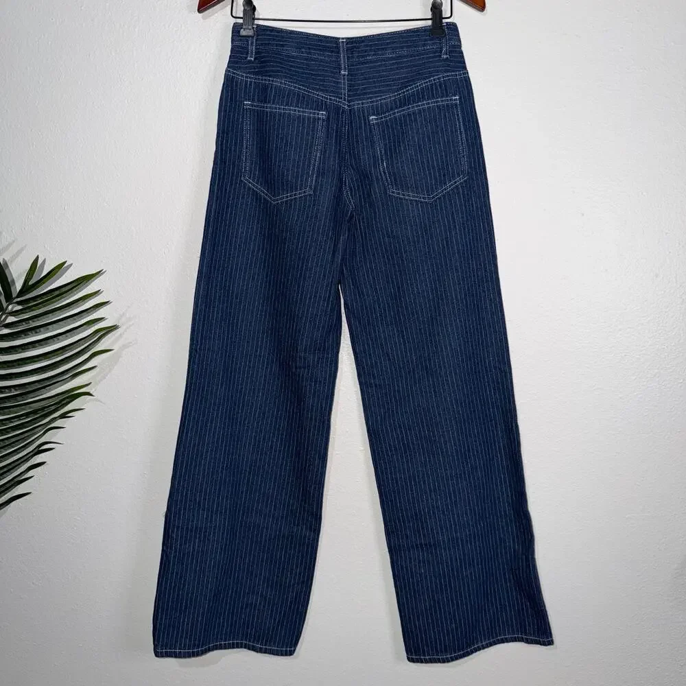 Edikted Pinstripe High Waist Wide Leg Denim Jeans Blue‎ White XS